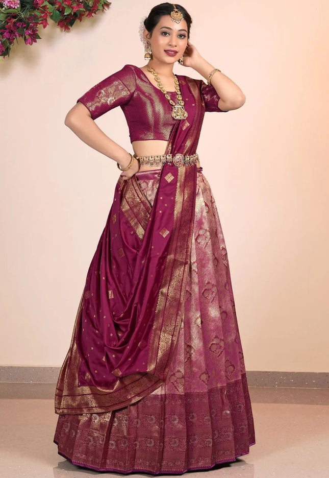 Pink Banarasi Silk Lehenga Pattu Pavadai Designs - Gajiwala