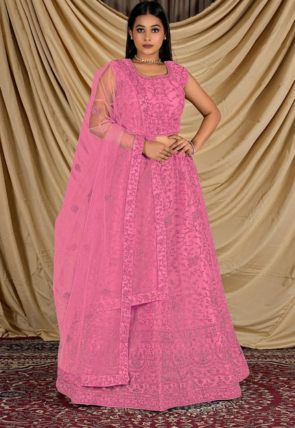 Pink Colour Net Crop Top Lehenga Choli - Gajiwala