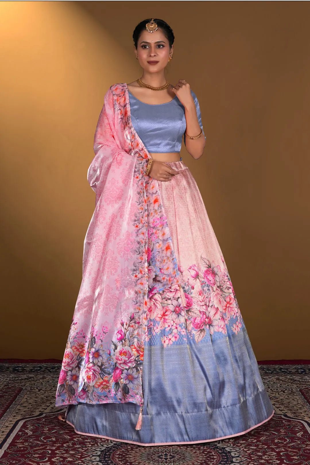 Pink Digital Printed Satin Lehenga With Chinnon Dupatta - Gajiwala
