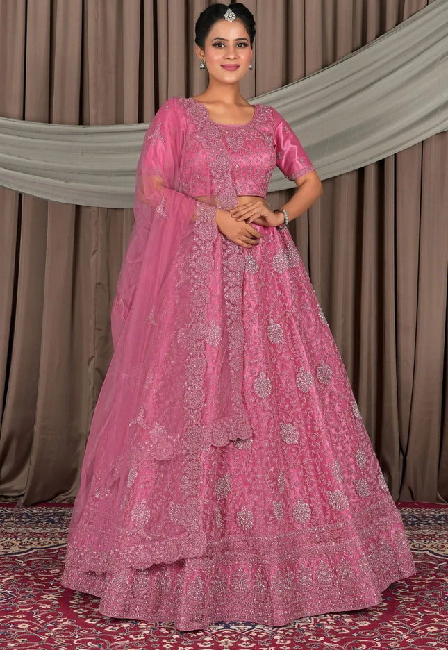 Pink Embroidered Bridesmaid Lehenga Choli In Net - Gajiwala