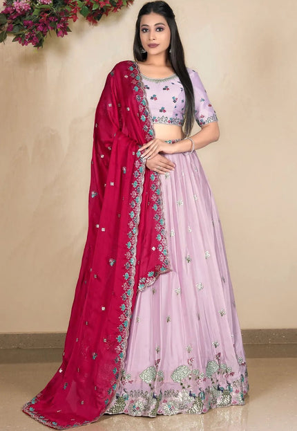 Pink Embroidered Lehenga Choli In Satin Chiffon Fabric - Gajiwala