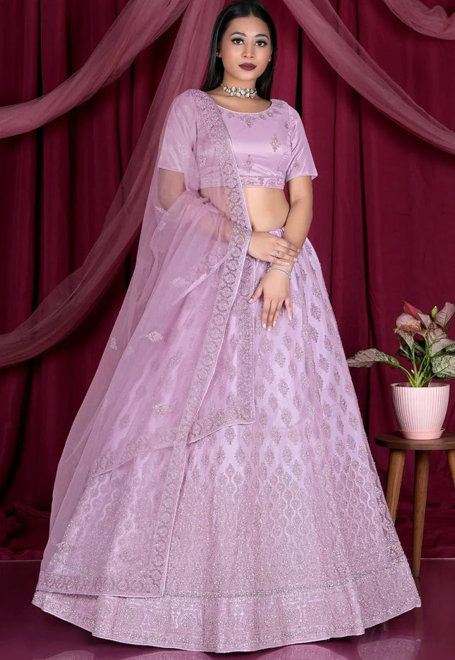 Pink Embroidery Work Net Lehenga Choli - Gajiwala