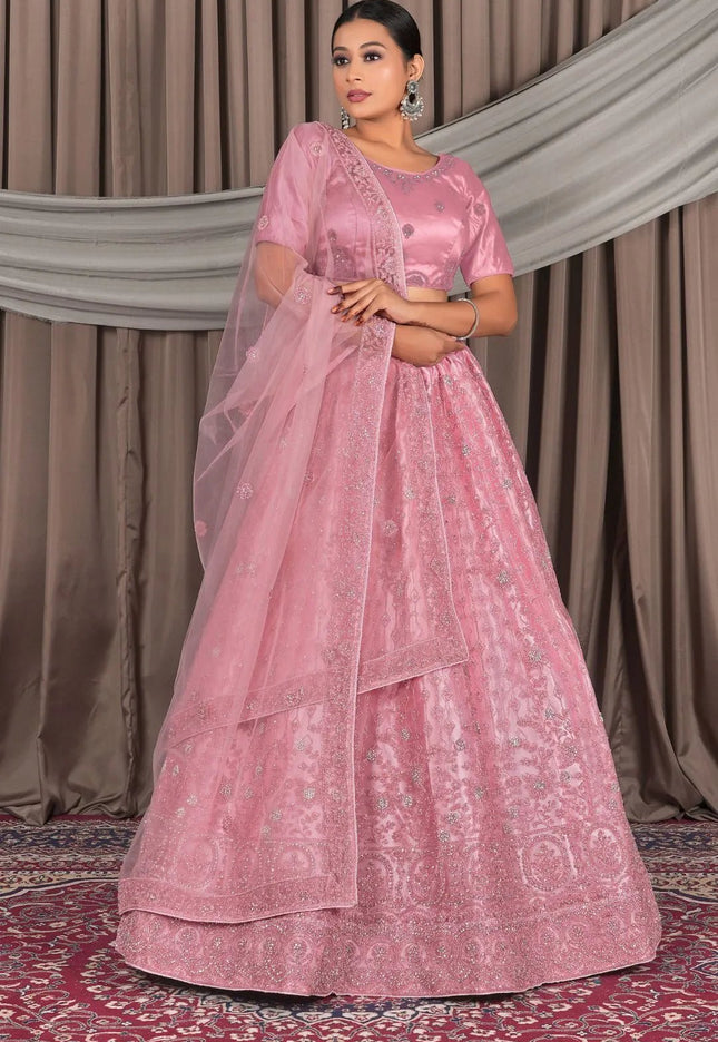 Pink Embroidery Work Net Lehenga Choli - Gajiwala