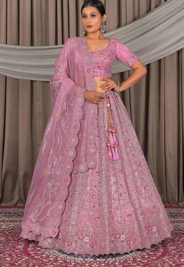 Pink Party Wear Embroidered Twill Net Lehenga Choli For Women - Gajiwala
