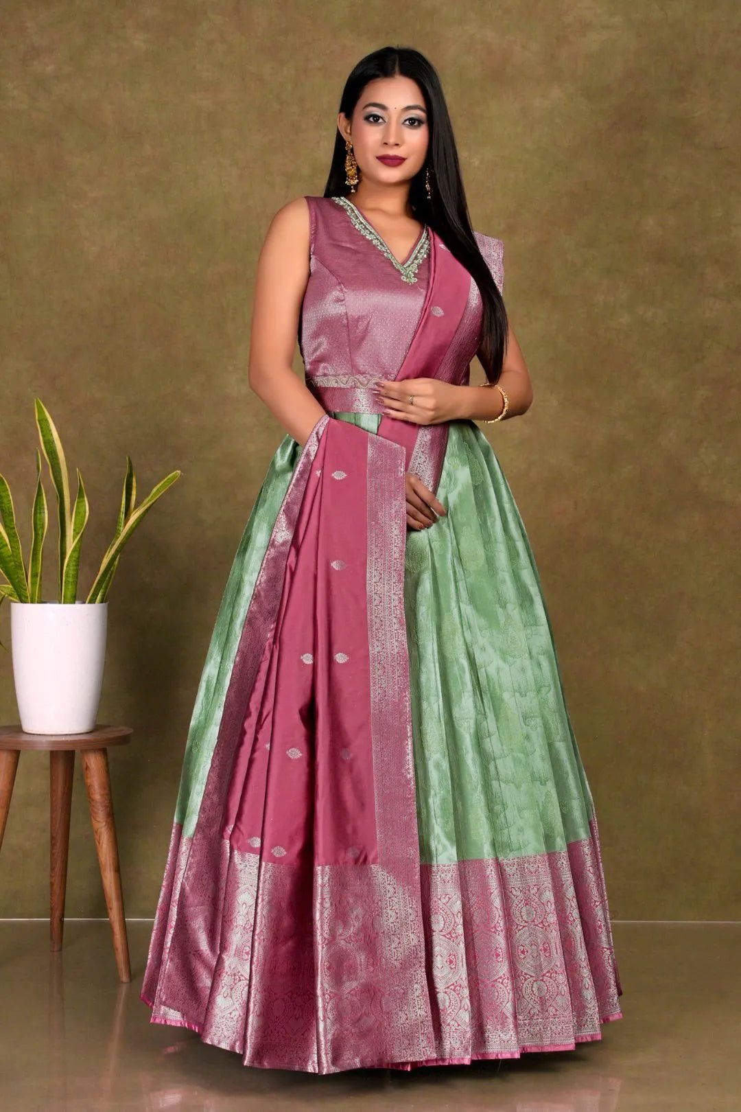 Pista Banarasi Long Frock With Dupatta For Women - Gajiwala