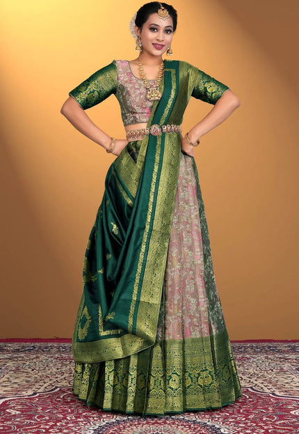 Pista Banarasi Zari Silk Half Saree For Women - Gajiwala