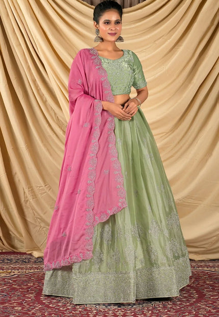 Pista Barbery Silk Lehenga Choli With Rangoli Dupatta - Gajiwala