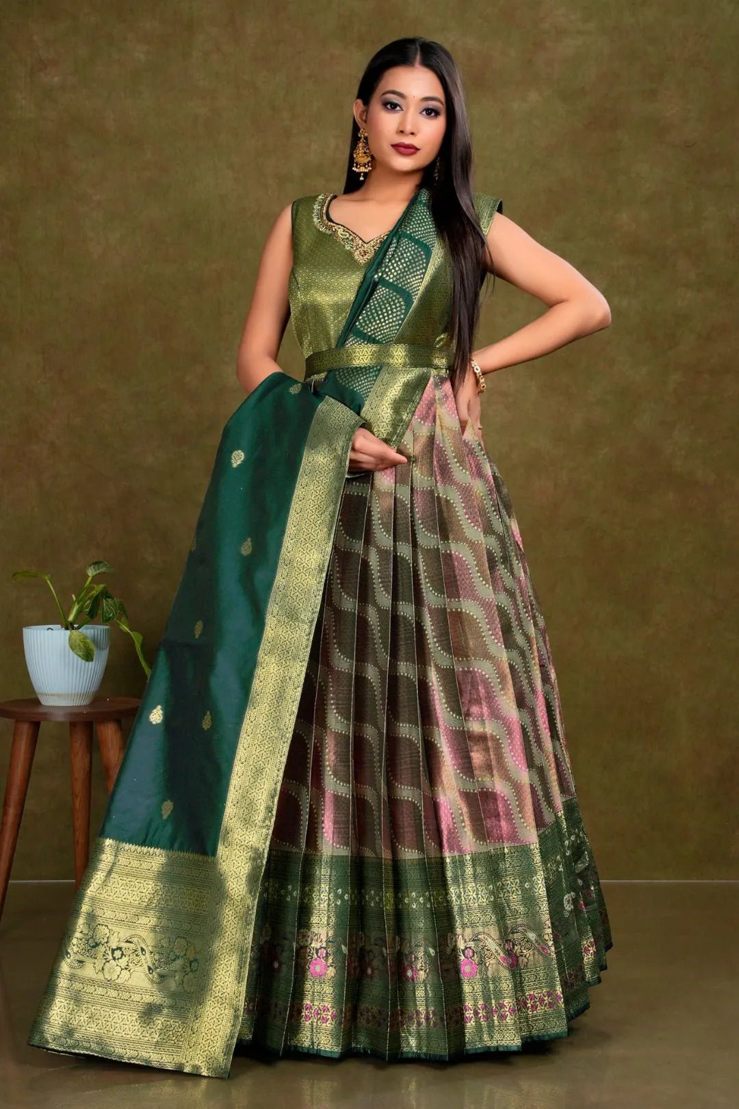Pista Long Banarasi Silk Gown With Dupatta - Gajiwala