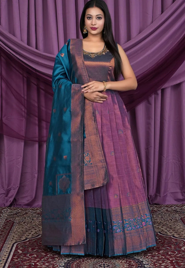 Purple Designer Banarasi Gown With Dupatta - Gajiwala