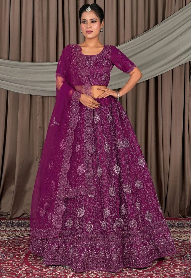 Purple Embroidered Bridesmaid Lehenga Choli In Net - Gajiwala