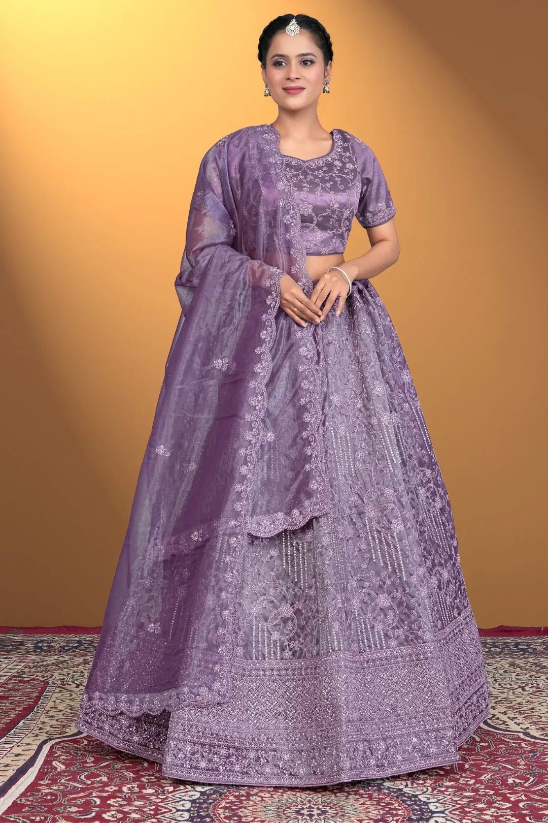 Purple Embroidered Net Lehenga Choli For Women - Gajiwala