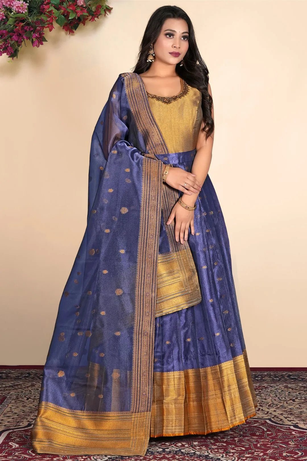 Purple Latest Tissue Silk Gown with Zari Work - Gajiwala