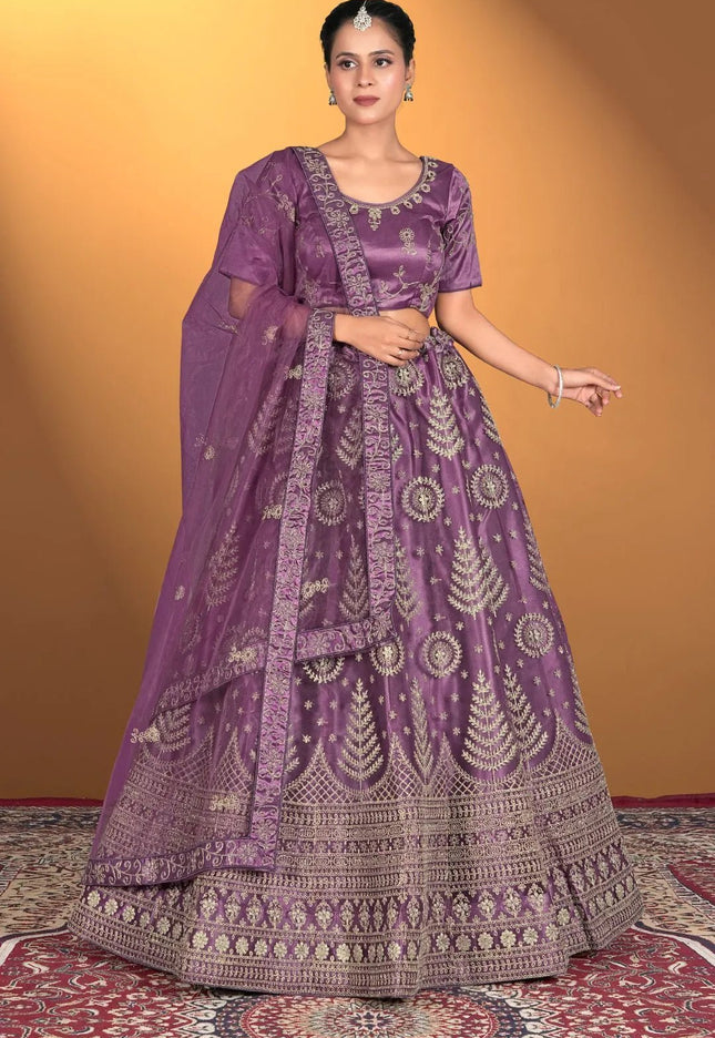 Purple Net Lehenga Choli For Women With Embroidery Work - Gajiwala