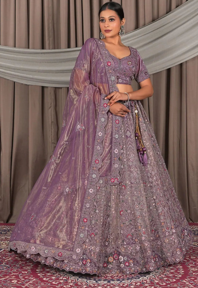Purple Party Wear Embroidered Twill Net Lehenga Choli For Women - Gajiwala