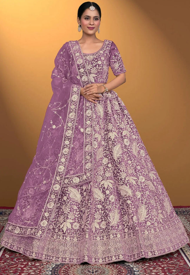 Purple Velvet Lehenga Choli With Net Dupatta For Women - Gajiwala