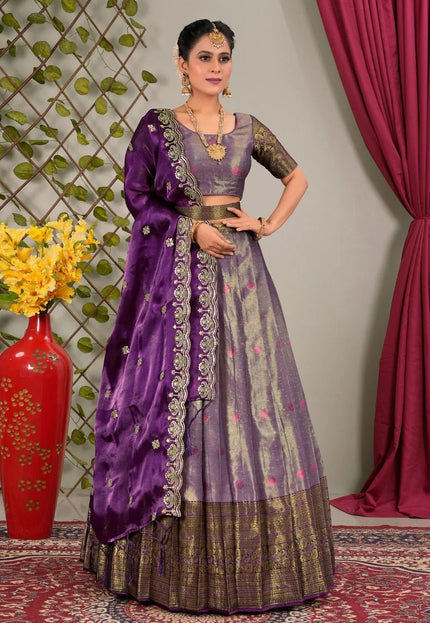 Purple Zari Silk Semi - Stitched Lehenga For Women - Gajiwala