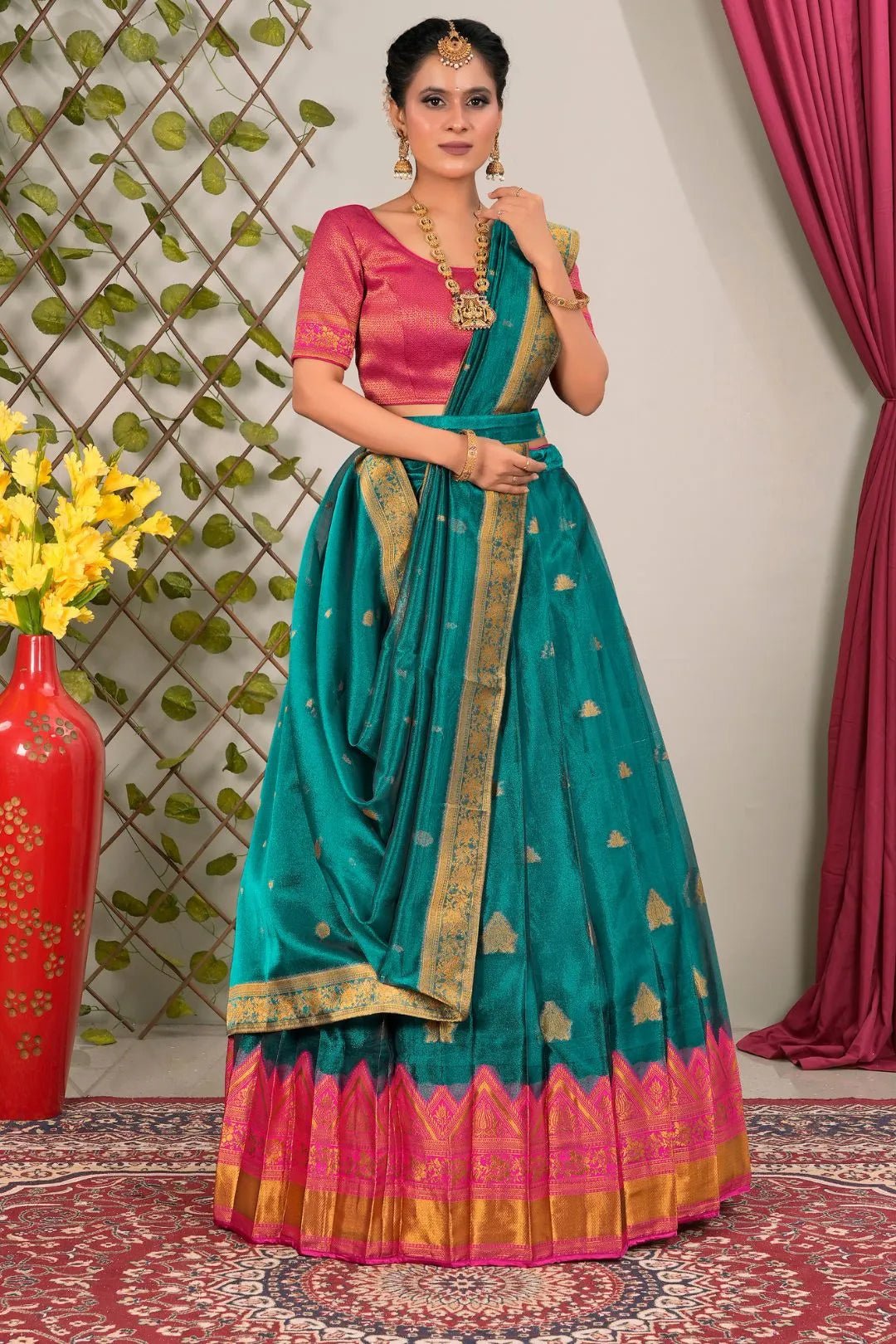 Rama Tissue Silk Lehenga Choli with Dupatta For Women - Gajiwala