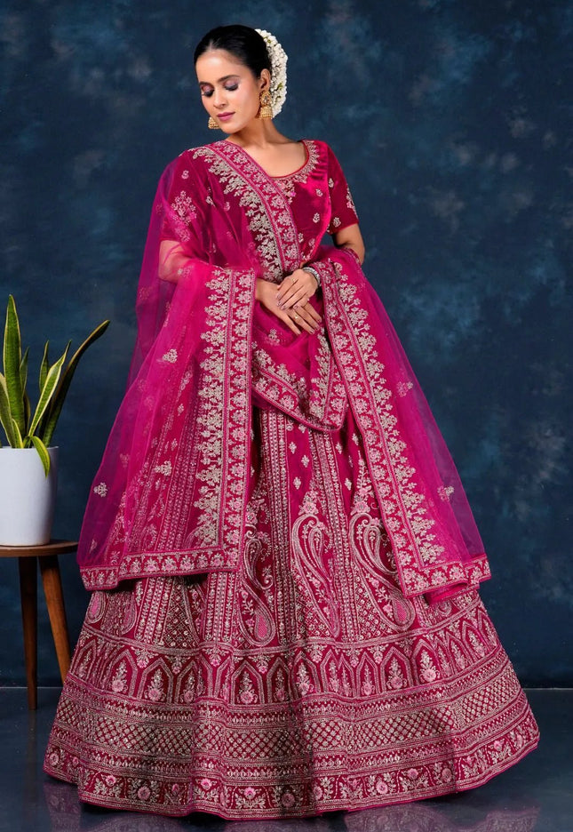Rani Bridal Lehenga in Velvet With Zari Embroidery Work - Gajiwala