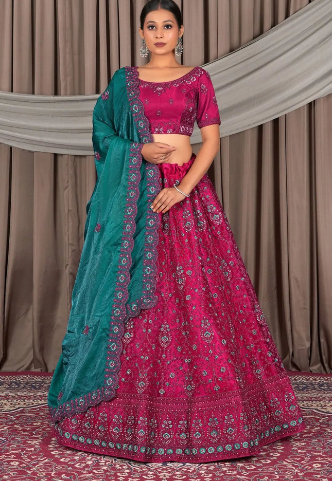 Rani Color Floral Embroidered Net Lehenga Choli Set - Gajiwala