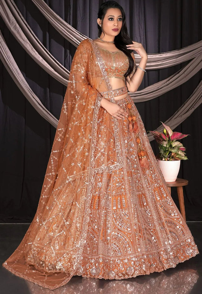 Rust Traditional Net Lehenga Choli With Dupatta - Gajiwala