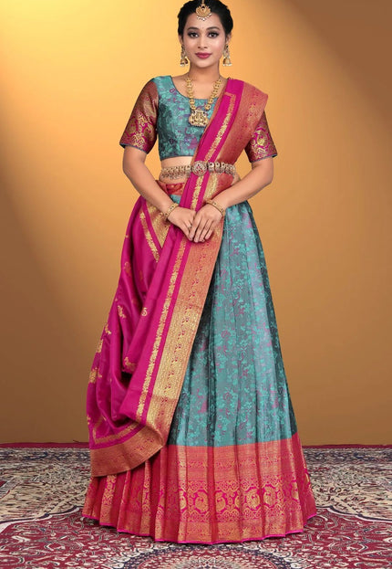 Sea Green Banarasi Zari Silk Half Saree For Women - Gajiwala