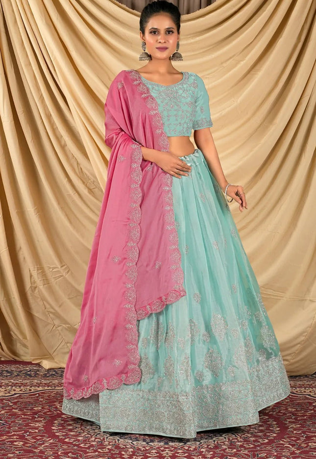 Sea Green Barbery Silk Lehenga Choli With Rangoli Dupatta - Gajiwala