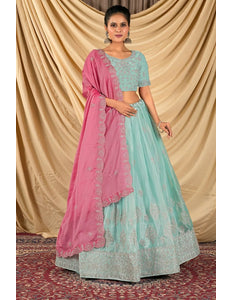 Sea Green Barbery Silk Lehenga Choli With Rangoli Dupatta - Gajiwala