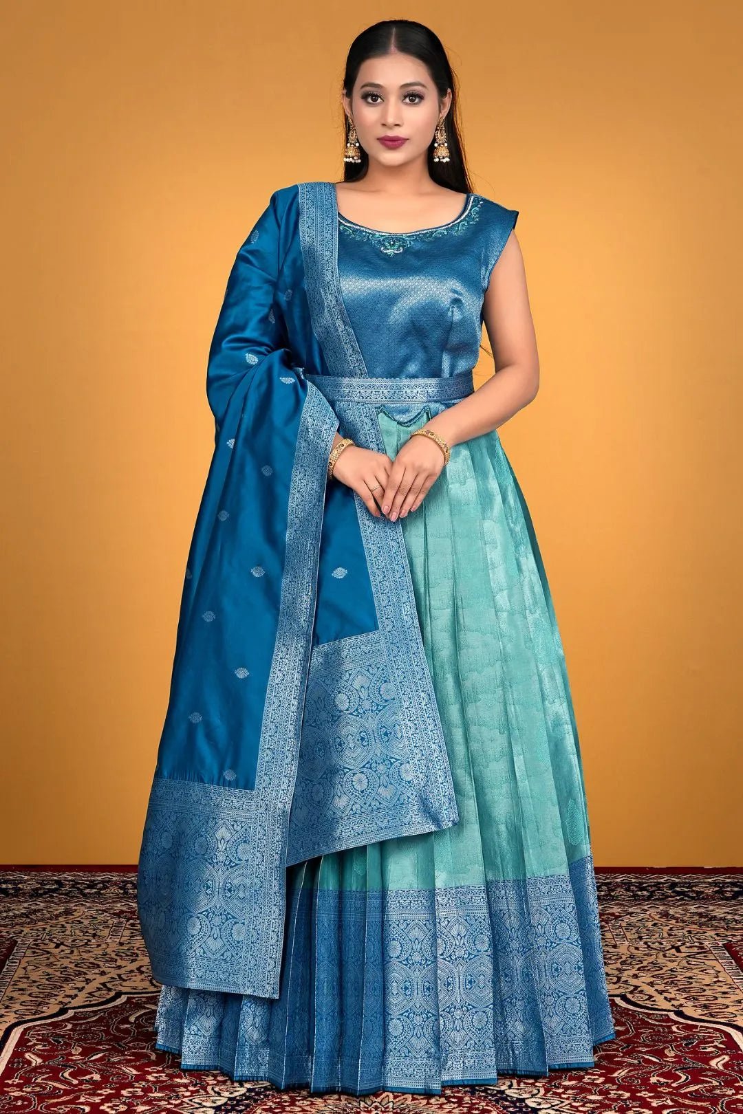 Sea Green Designer Banarasi Gown With Dupatta - Gajiwala