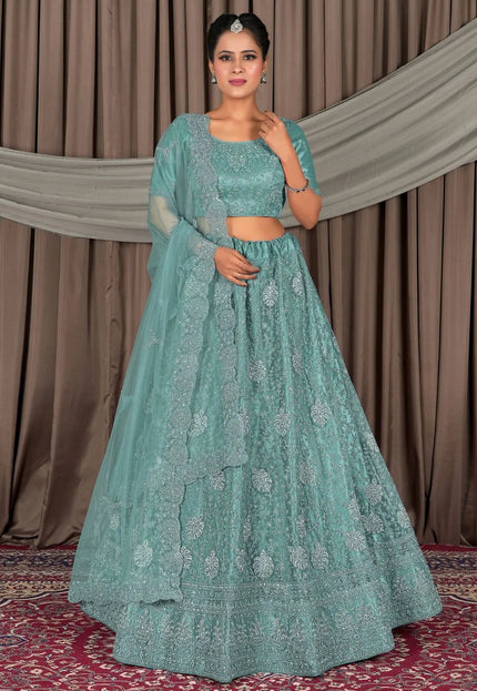 Sea Green Embroidered Bridesmaid Lehenga Choli In Net - Gajiwala