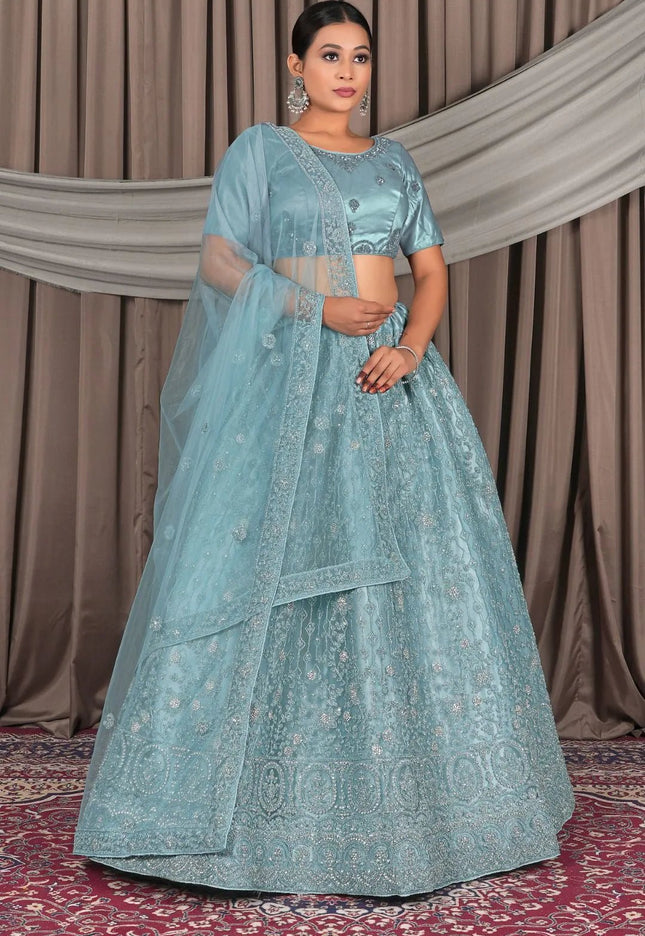 Sea Green Embroidery Work Net Lehenga Choli - Gajiwala