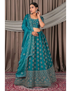 Sea Green Fendy Silk Semi - Stitched Lehenga For Women - Gajiwala