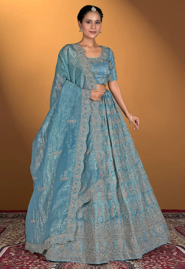 Sea Green Gold Crush Embroidery Lehenga Choli For Women - Gajiwala