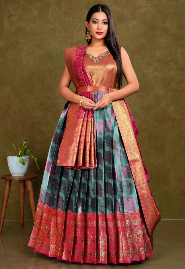 Sea Green Long Banarasi Silk Gown With Dupatta - Gajiwala