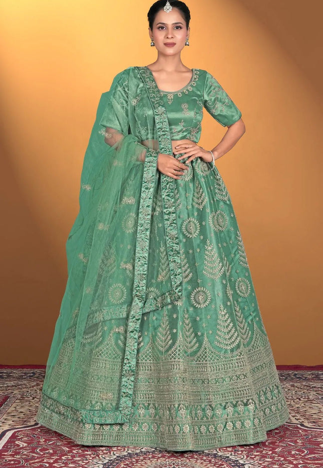Sea Green Net Lehenga Choli For Women With Embroidery Work - Gajiwala