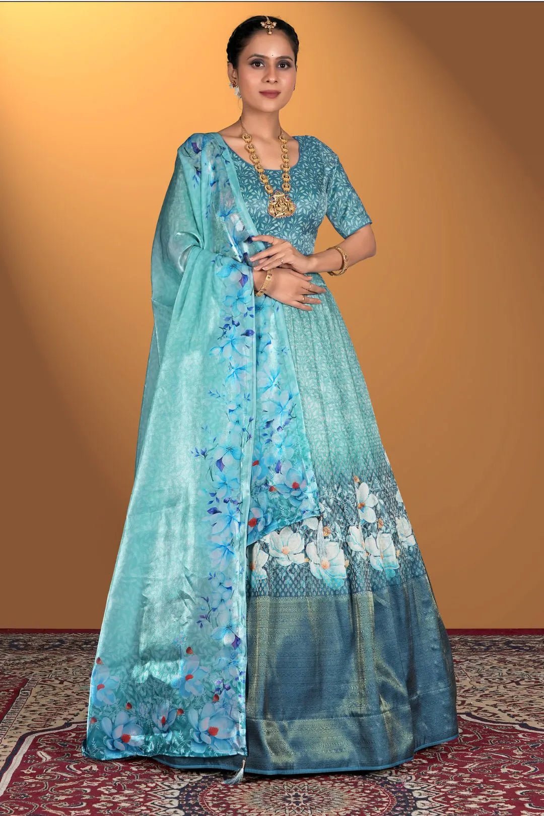 Sea Green Satin Jacquard Lehenga Choli For Women - Gajiwala