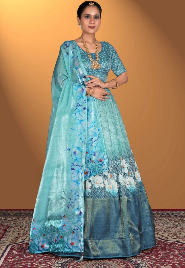 Sea Green Satin Jacquard Lehenga Choli For Women - Gajiwala