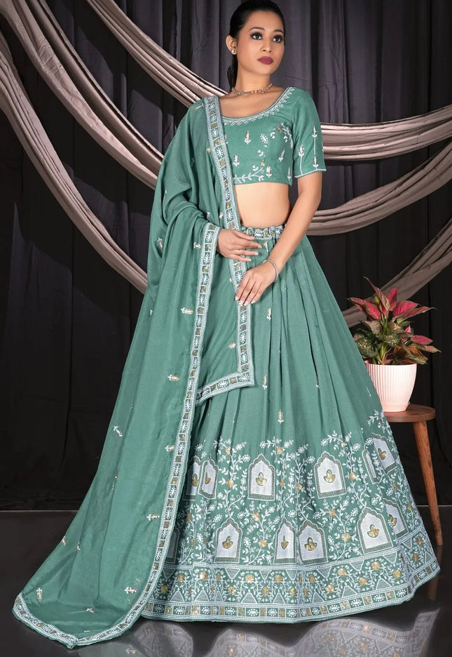 Sea Green Vichitra Silk Crop Top Lehenga For Women - Gajiwala