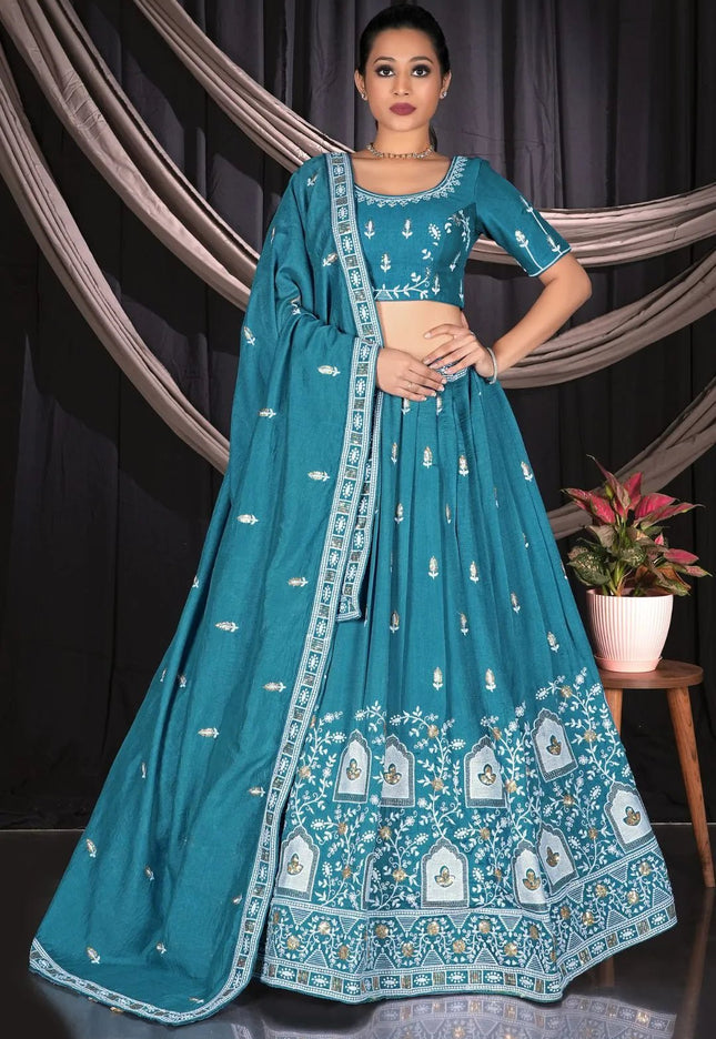 Sea Green Vichitra Silk Crop Top Lehenga For Women - Gajiwala