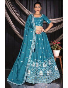 Sea Green Vichitra Silk Crop Top Lehenga For Women - Gajiwala