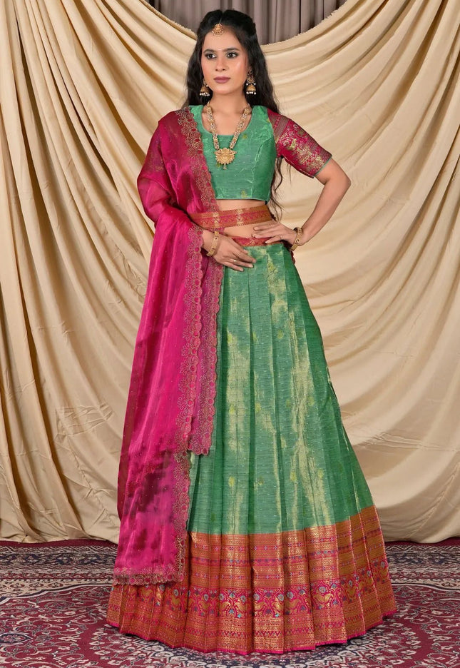 Sea Green Zari Silk Lehenga Choli With Zari Woven - Gajiwala