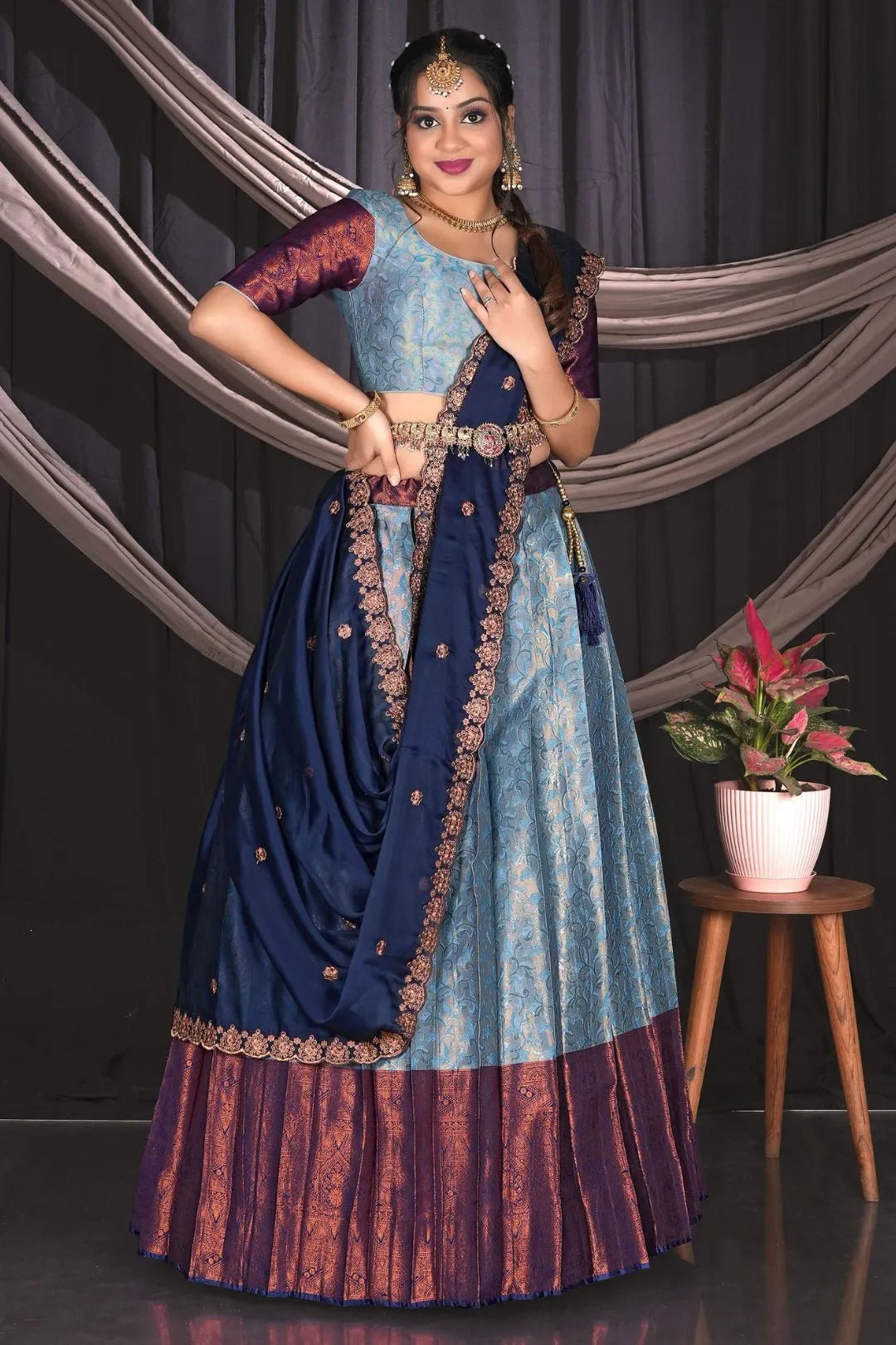 Sky Blue Banarasi Half Saree With Zari Work - Gajiwala