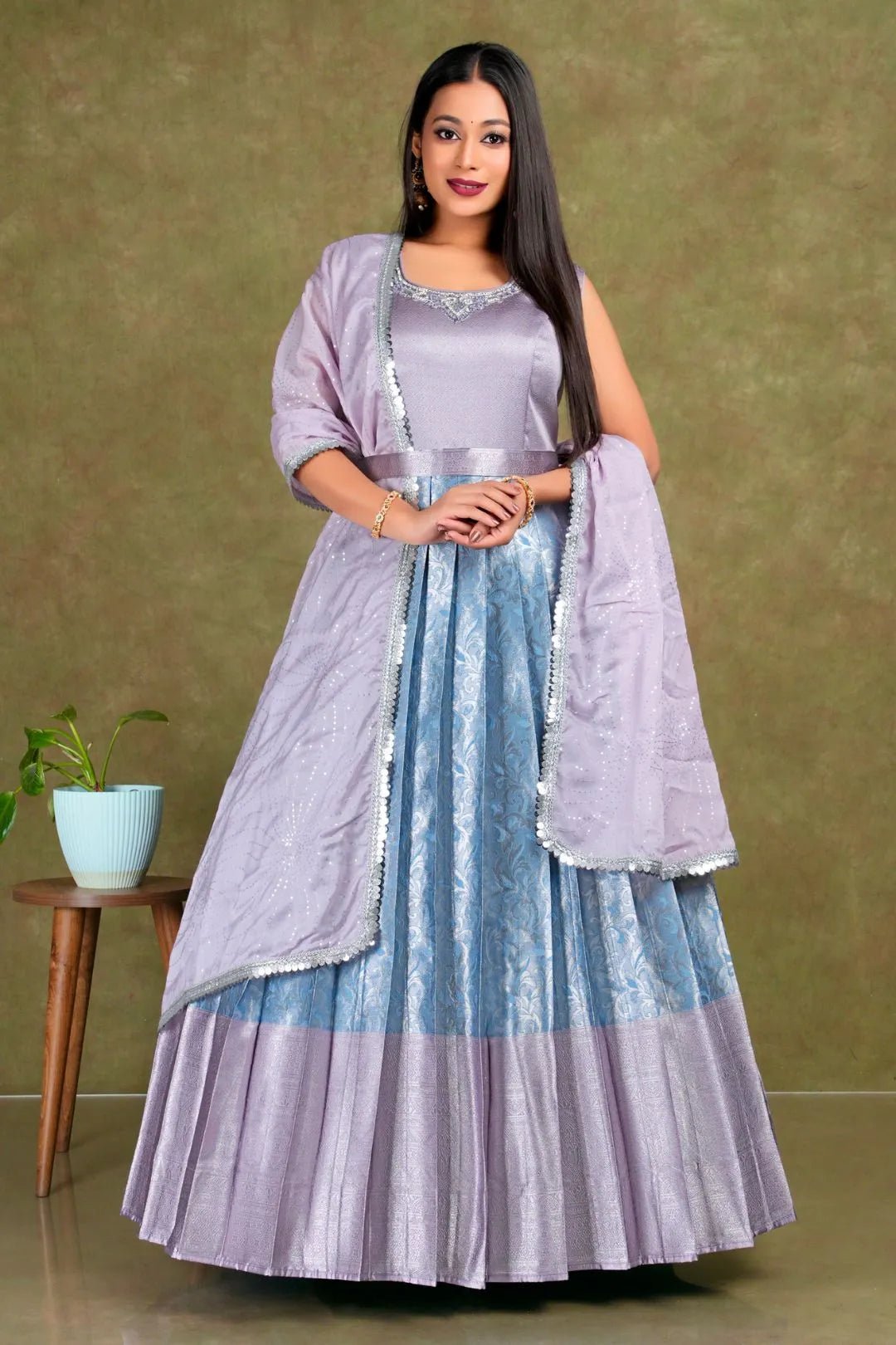 Sky Blue Banarasi Long Frock With Dupatta For Women - Gajiwala