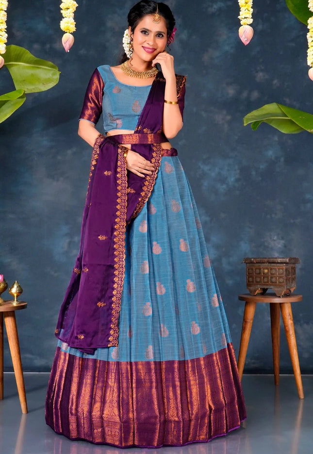Sky Blue Banarasi Silk Lehenga Choli With Zari woven - Gajiwala