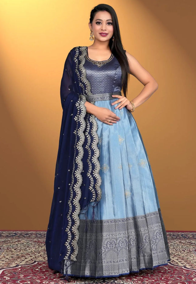 Sky Blue Banarasi Silk Zari Woven Gown With Dupatta For Women - Gajiwala