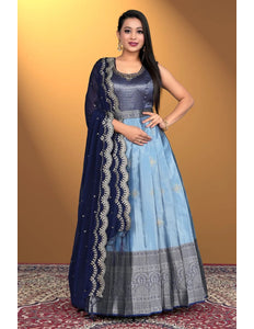 Sky Blue Banarasi Silk Zari Woven Gown With Dupatta For Women - Gajiwala