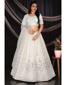 White Party Wear Net Lehenga Choli With Dupatta - Gajiwala