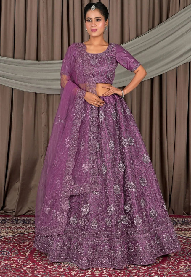 Wine Embroidered Bridesmaid Lehenga Choli In Net - Gajiwala