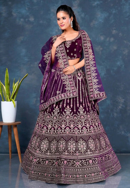 Wine Heavy Designer Velvet Lehenga For Brides - Gajiwala