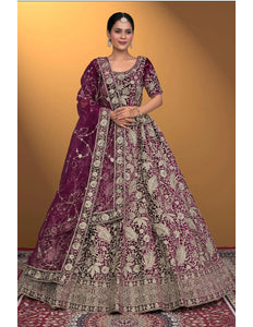 Wine Velvet Lehenga Choli With Net Dupatta For Women - Gajiwala
