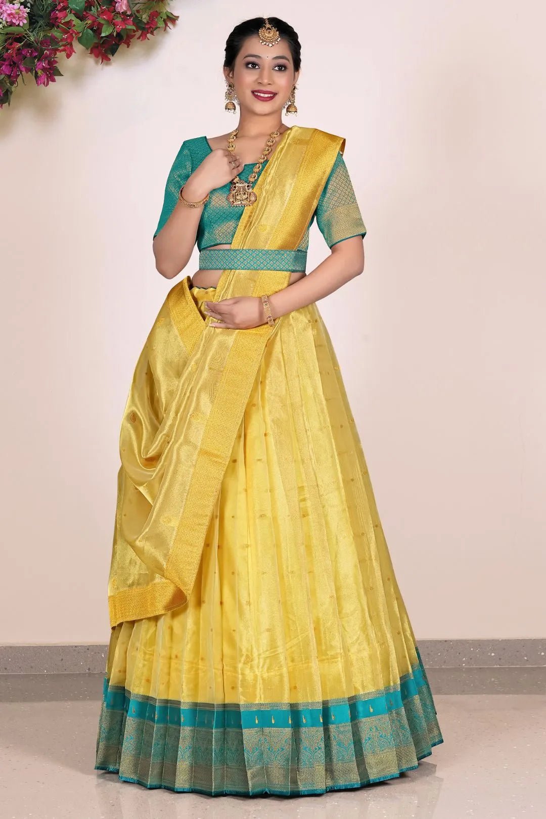 Yellow tissue Fabric Pattu Pavadai For Women - Gajiwala